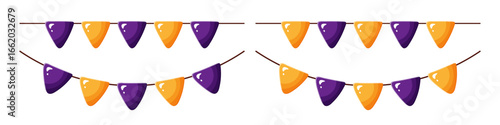 Set of buntings with glossy triangle purple and orange flags for Halloween	