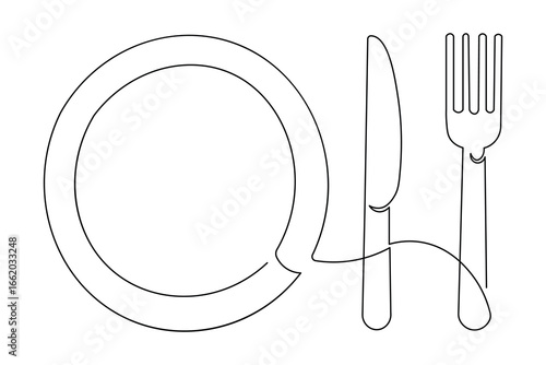 Cutlery knife and fork modern minimalist outline isolate continuous one line drawing
