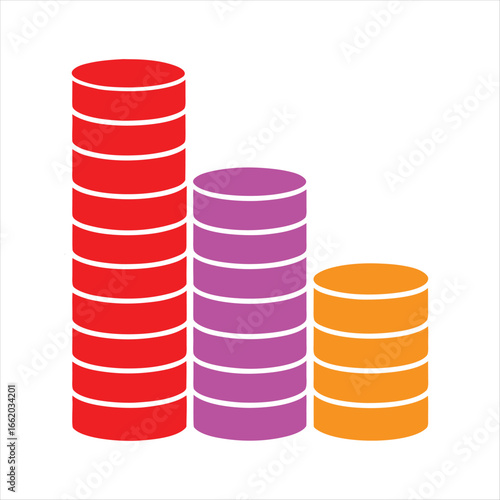Three stacked cylinder bar graph red purple orange