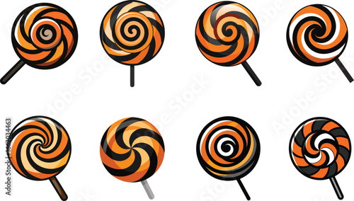 Illustration of Eight Halloween Lollipops with Orange, Black, and White Stripes