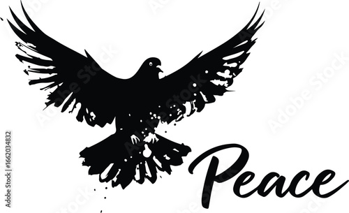 Dove of peace illustration in black and white with the word peace written below in calligraphy font