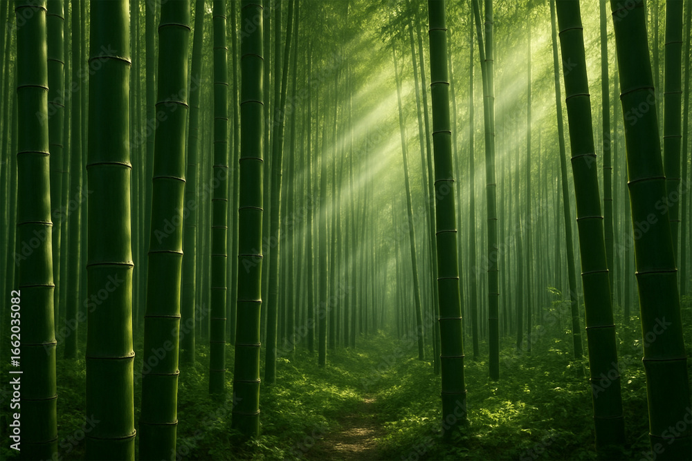 Fototapeta premium Bamboo Forest with Vertical Stalks and Sunbeams