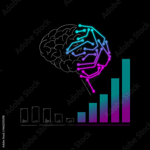 Human brain styled into natural and circuit patterns on a rising graph. The statistical data show the rise of artificial intelligence utilization.