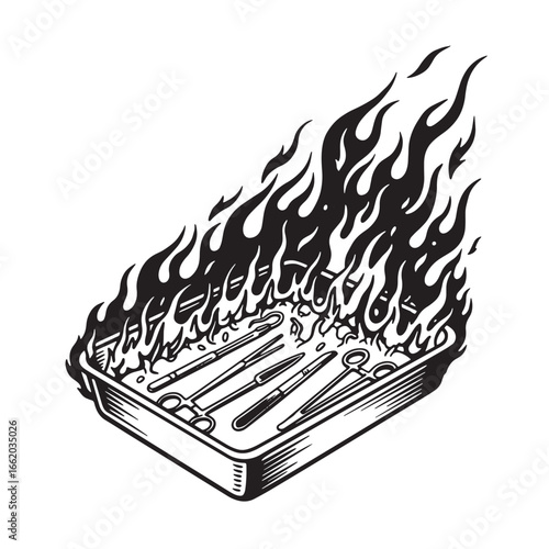 Medical instruments sterilized by fire in a black and white vector illustration