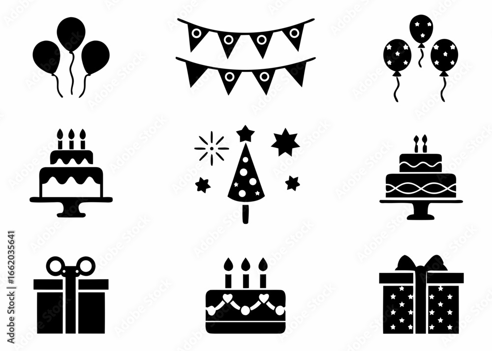 Fototapeta premium Birthday party celebration icons set with cake and gift box vector