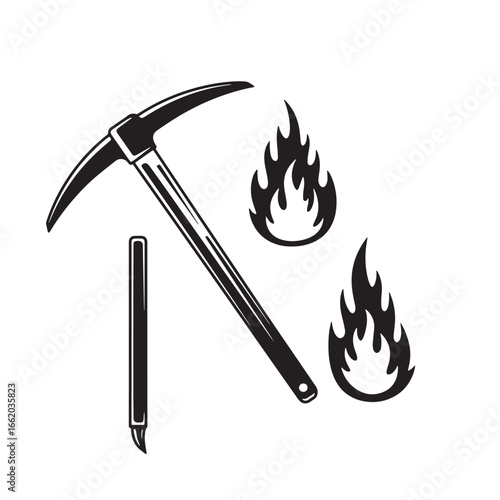 Simple black and white vector design featuring a pickaxe flames and a torch