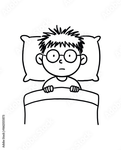 Doodle line comic style vector illustration asian boy with round glasses lying bed wide awake with eyes open and messy hair black outline simple imperfect lines minimal details isolated on