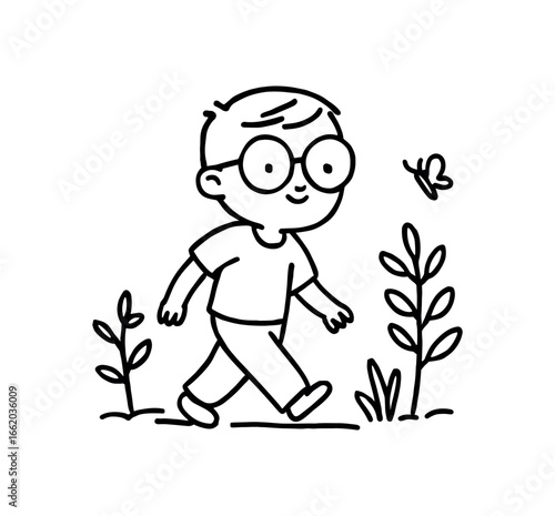 Doodle line comic style vector illustration asian boy with round glasses walking his garden black outline simple imperfect lines minimal details isolated on white