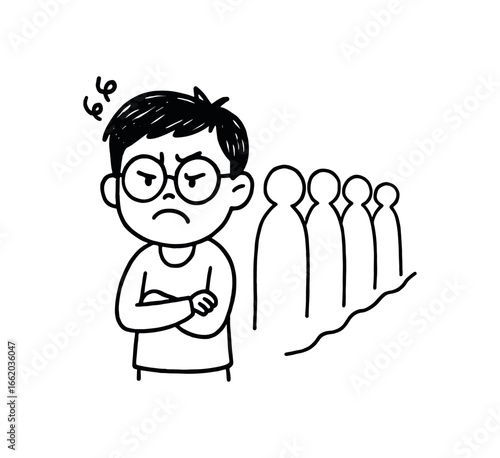 Doodle line comic style vector illustration asian boy with round glasses standing frustrated long queue black outline simple imperfect lines minimal details isolated on white