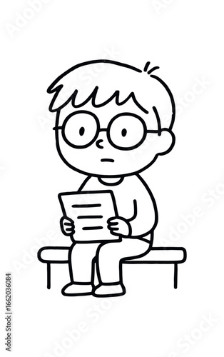 Doodle line comic style vector illustration asian boy with round glasses waiting bank with paperwork black outline simple imperfect lines minimal details isolated on white