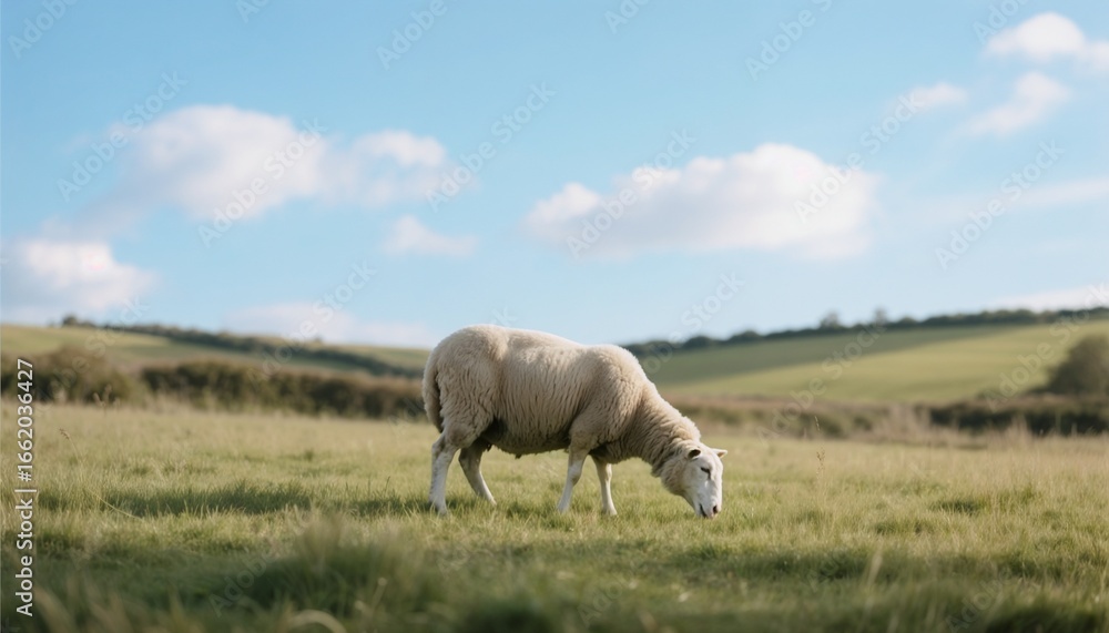 Obraz premium Sheep grazing in a green pasture under a blue sky with fluffy clouds 
