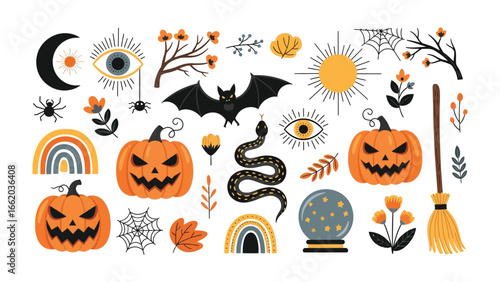 Spooky Halloween Collection: A curated ensemble of spooky Halloween elements, showcasing a collection of pumpkins, a bat, cobwebs, and an eye.