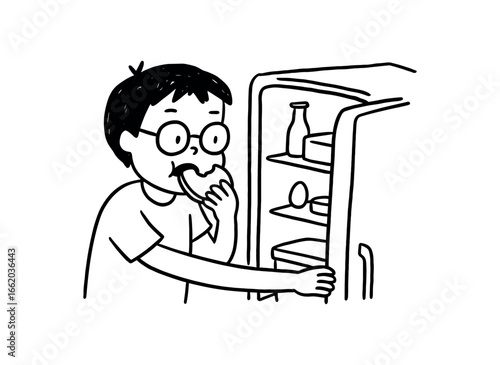 Doodle line comic style vector illustration asian boy with round glasses opening fridge at night eating black outline simple imperfect lines minimal details isolated on white