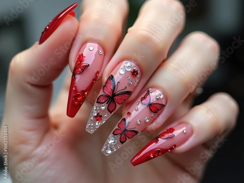 Red Stiletto Nails with Butterfly Design and Rhinestones