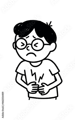 Doodle line comic style vector illustration asian boy with round glasses suffering pain holding stomach black outline simple imperfect lines minimal details isolated on white