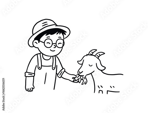 Doodle line comic style vector illustration asian boy with round glasses farmer feeding goat black outline simple imperfect lines minimal details isolated on white