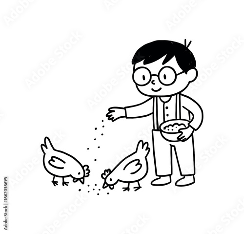 Doodle line comic style vector illustration asian boy with round glasses farmer feeding chickens grain black outline simple imperfect lines minimal details isolated on white
