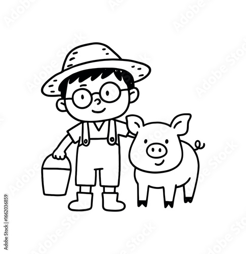 Doodle line comic style vector illustration asian boy with round glasses farmer with pig holding bucket black outline simple imperfect lines minimal details isolated on white