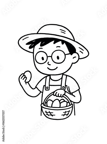 Doodle line comic style vector illustration asian boy with round glasses farmer collecting eggs basket black outline simple imperfect lines minimal details isolated on white