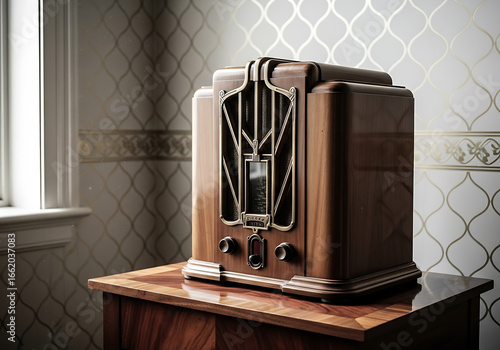 Vintage 1920s Art Deco Radio on a Table with Geometric Wallpaper