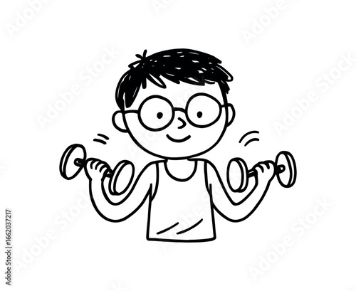 Doodle line comic style vector illustration asian boy with round glasses at gym lifting dumbbells black outline simple imperfect lines minimal details isolated on white