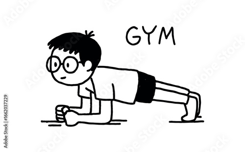 Doodle line comic style vector illustration asian boy with round glasses doing plank exercise at gym black outline simple imperfect lines minimal details isolated on white