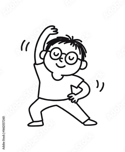 Doodle line comic style vector illustration asian boy with round glasses doing aerobics group class black outline simple imperfect lines minimal details isolated on white