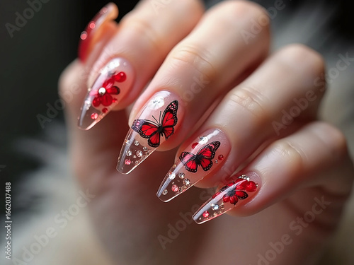 Clear Acrylic Nails with Red Butterfly and Rhinestone Design Elegant Nail Art