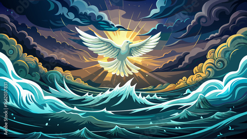 Stormy sea surges, waves crashing violently, a single dove flying overhead, fragile wings glowing, peace within chaos emerges, dark clouds roar, silver light breaks, serenity breathes, eternal harmony
