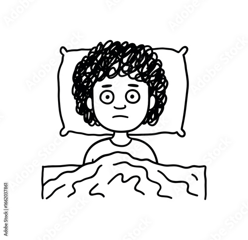 Doodle line comic style vector illustration African girl with curly hair lying bed wide awake with eyes open and messy blanket black outline simple imperfect lines minimal details isolated