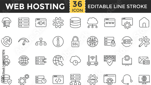 Web Hosting Line Icon Set. Pixel perfect and Outline Editable Stroke Icons collection for Server, Cloud Storage, Domain, Data Center, Database, Website, Internet, Security, Network, Hosting Service