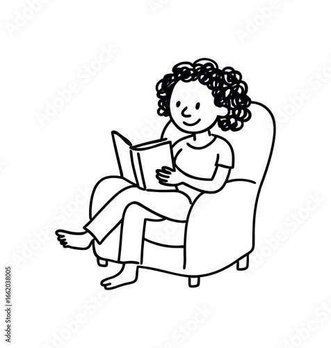 Doodle line comic style vector illustration African girl with curly hair sitting armchair reading book with relaxed posture black outline simple imperfect lines minimal details isolated on