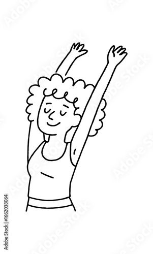 Doodle line comic style vector illustration African girl with curly hair doing morning exercise stretching arms up black outline simple imperfect lines minimal details isolated on white