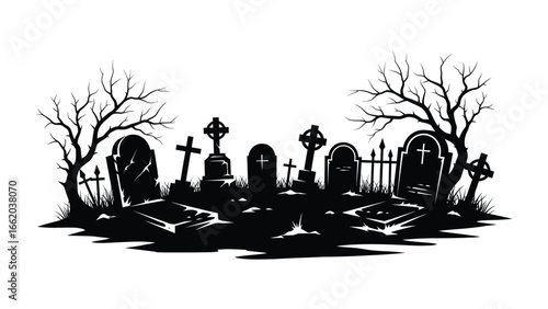 Silent Epitaphs: A dramatic, silhouetted scene of a cemetery at dusk, evoking a sense of somber reflection, with gravestones and barren trees.