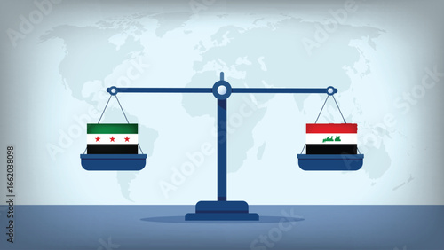 Balance Scale with Syria vs Iraq Flags , International Relations and Global Trade Concept Vector