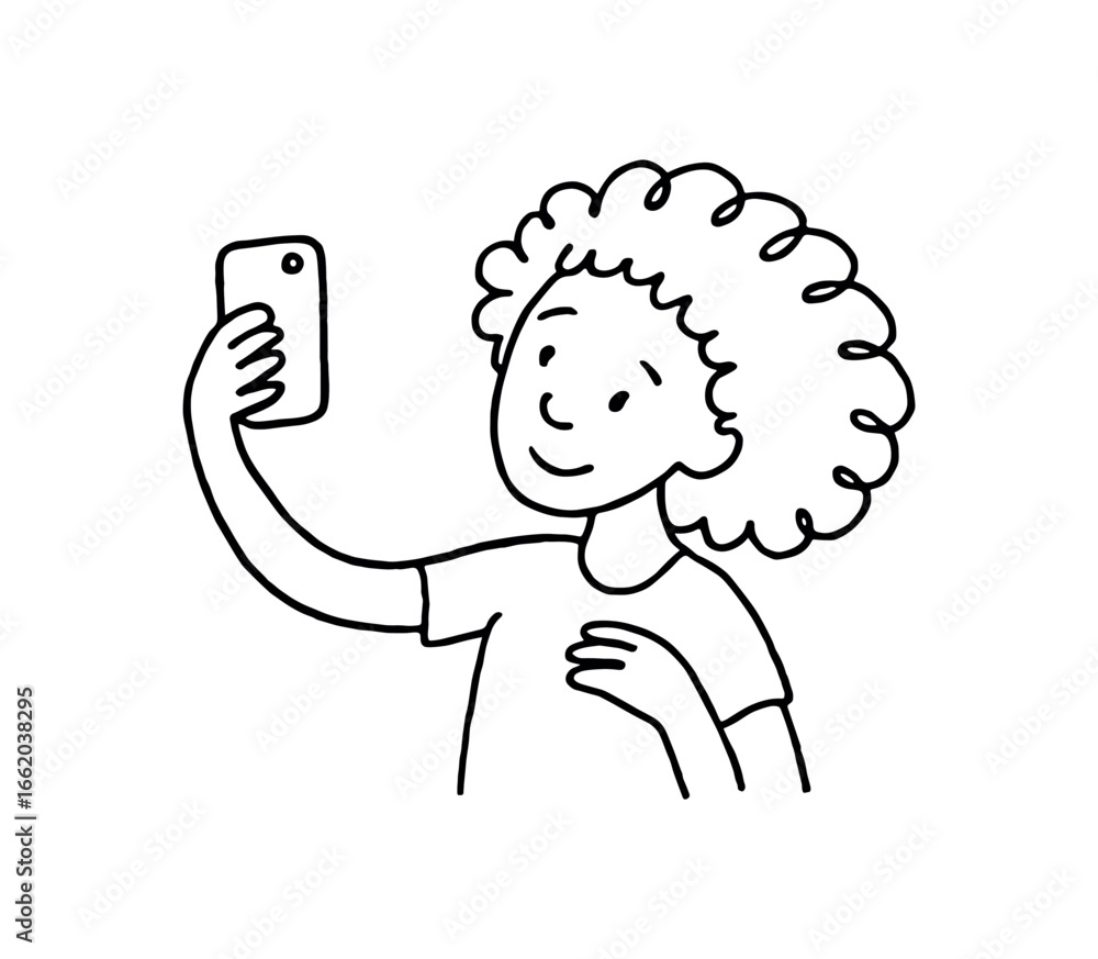 Fototapeta premium Doodle line comic style vector illustration African girl with curly hair taking selfie with smartphone black outline simple imperfect lines minimal details isolated on white