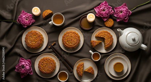 Elegant Still Life Mooncake Arrangement with Lotus Flowers and Tea Ceremony