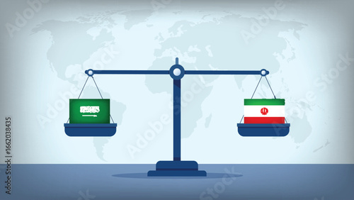 Balance Scale with Iran vs Saudi Arabia Flags , International Relations and Global Trade Concept Vector