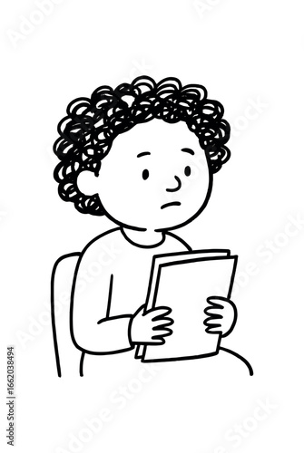 Doodle line comic style vector illustration African girl with curly hair waiting bank with paperwork black outline simple imperfect lines minimal details isolated on white