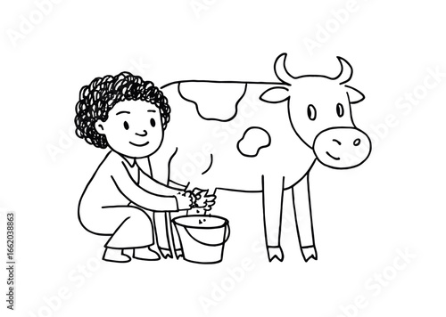 Doodle line comic style vector illustration African girl with curly hair farmer milking cow black outline simple imperfect lines minimal details isolated on white