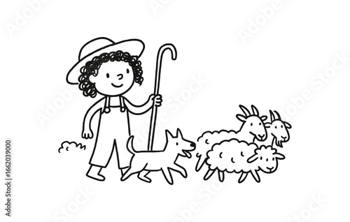 Doodle line comic style vector illustration African girl with curly hair farmer with dog herding animals black outline simple imperfect lines minimal details isolated on white