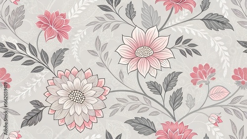 Elegant floral seamless pattern featuring stylized dahlias and foliage in shades of pink gray and white designed for decorative backgrounds.
