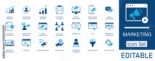 Marketing icon set. Collection of business strategy, advertising, Customer Targeting, Analytics, Influencer Marketing, PPC Campaign, and digital marketing symbols. Flat vector illustration.
