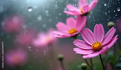 Pink Cosmos Flowers with Water Droplets and Bokeh Fresh Spring Floral Close-Up
