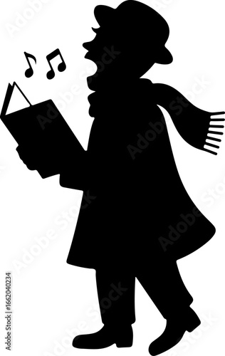 minimal black silhouette of a Christmas caroler singing with an open mouth, holding a songbook in both hands