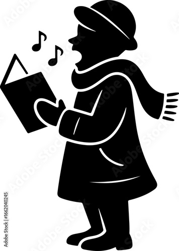minimal black silhouette of a Christmas caroler singing with an open mouth, holding a songbook in both hands