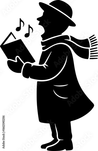 minimal black silhouette of a Christmas caroler singing with an open mouth, holding a songbook in both hands