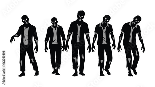 Zombie Silhouettes: Five eerie zombie silhouettes walk forward, their dark forms conveying an aura of dread and a sense of impending danger in a horror illustration.