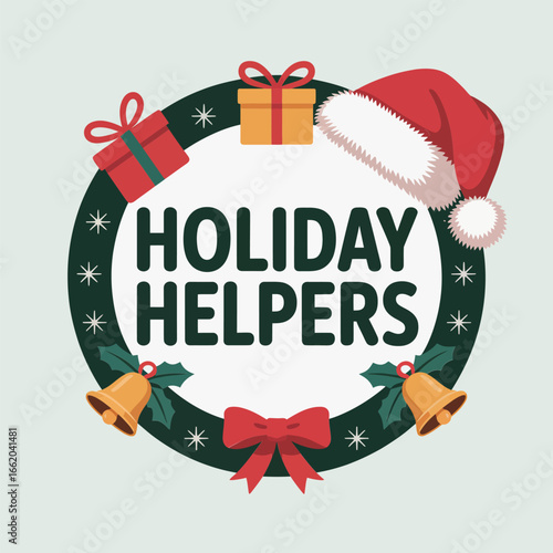 Holiday helpers wreath, ribbon and gifts, Santa hat accent, classic Christmas badge, seasonal vector design