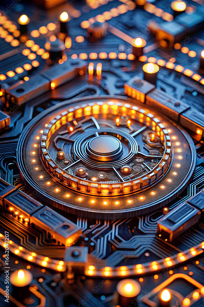 custom made wallpaper toronto digitalIntricate futuristic circuit board design with glowing orange lights and central metallic mechanism